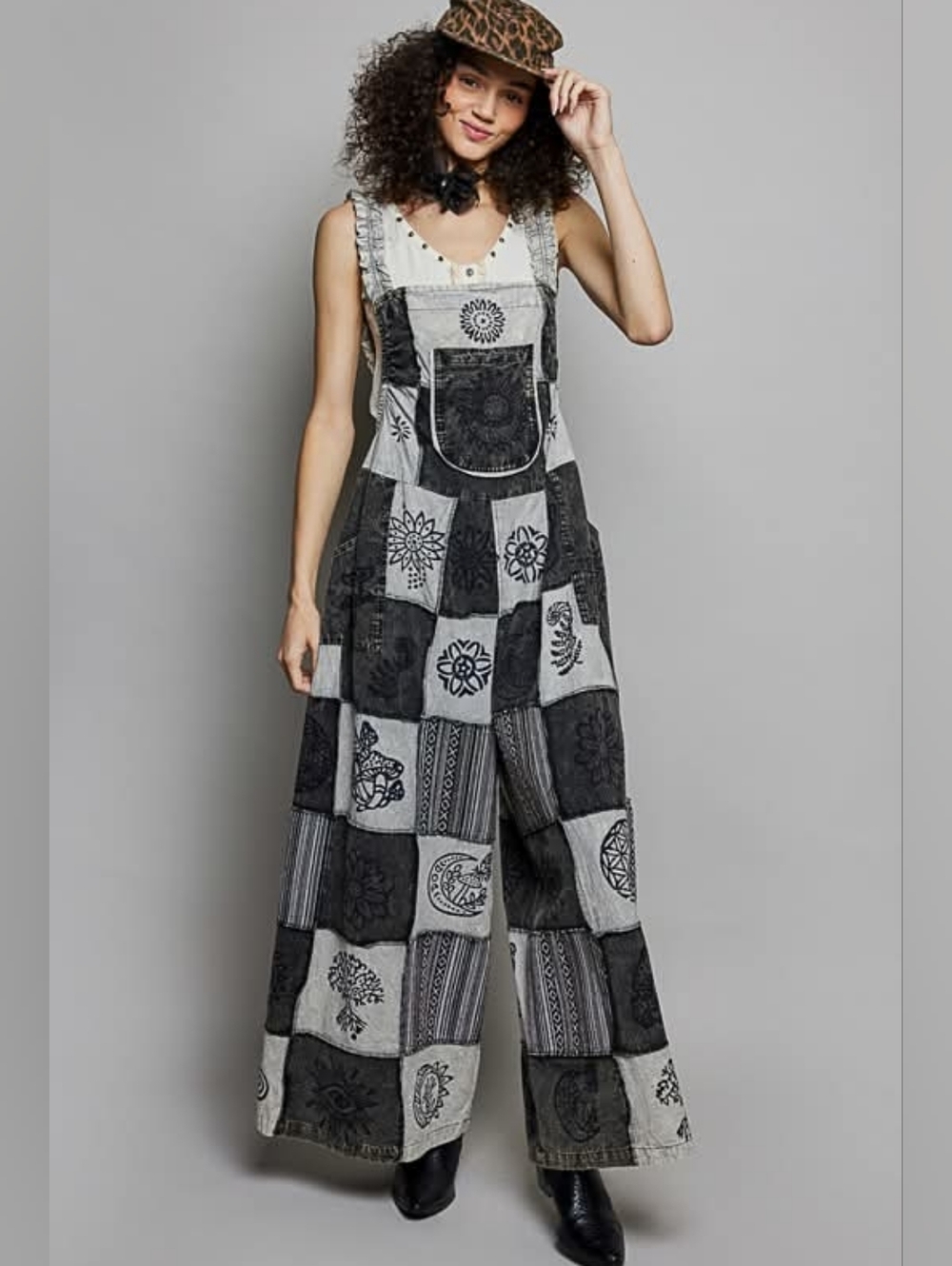 POL Black & Gray Patchwork Wide-Leg Overalls